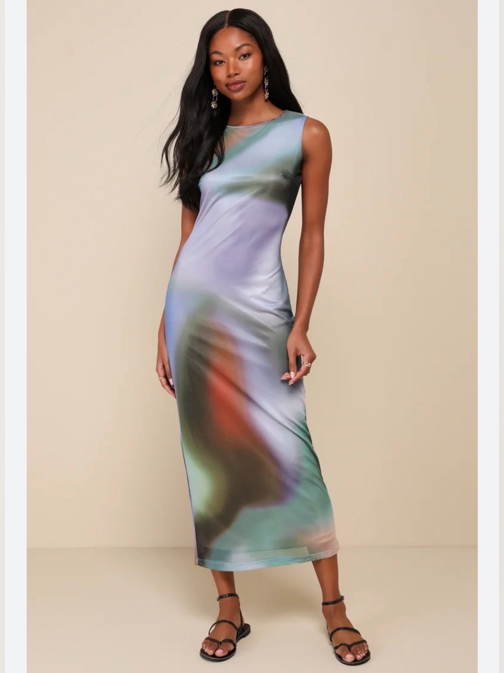 Rare London Pastel Ombre Maxi Dress with Green and Purple Hues Blur Mesh Bodycon